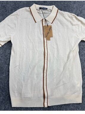 PJ Paul Jones Men's Hollow Out Polo Shirt Medium Beige button down shirt